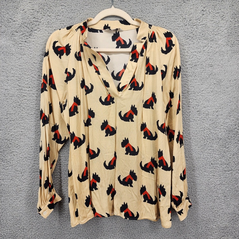 Tucker Silk Blend Scottie Dog Print V-Neck Blouse Tan Black Small‎